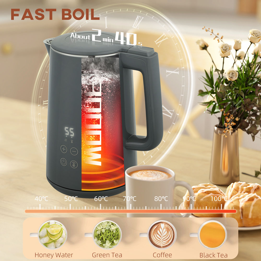 HOMCOM 800-211V70GY Grey 1.5L Fast Boil Electric Kettle 3000W and 2 Slice Toaster Set Image 8