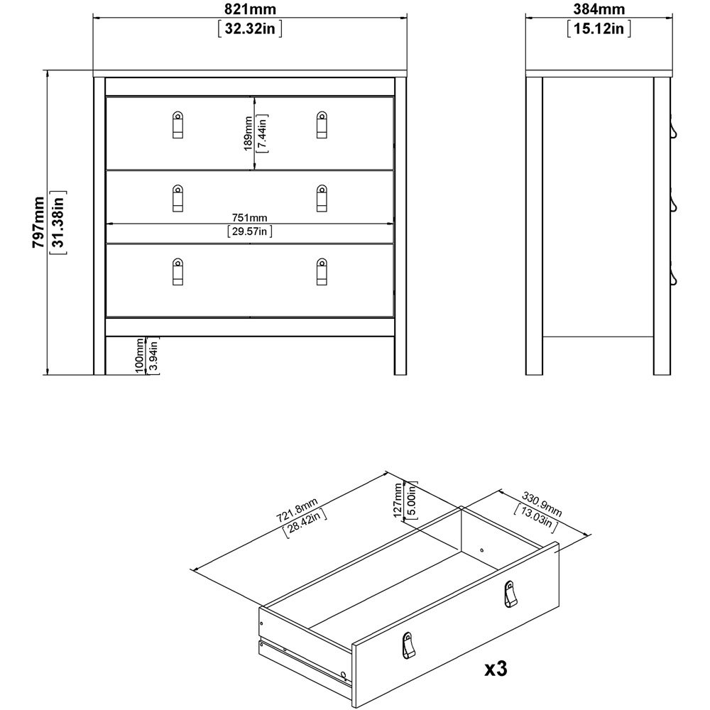 Florence Madrid 3 Drawer White Chest of Drawers Image 9