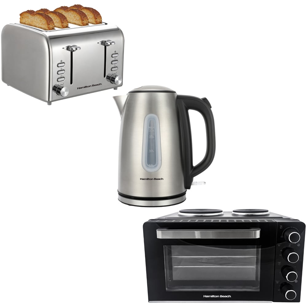 Hamilton Beach HBKTOB Brushed 1.7L Kettle 2 Slice Toaster and 2L Mini Oven Kitchen Bundle Image 1