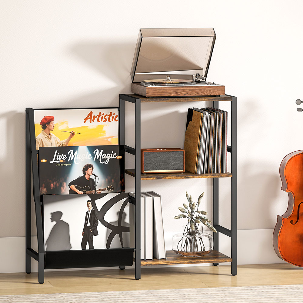 HOMCOM 3 Shelf Record Player Stand with 3 Oxford Cloth Racks Image 3