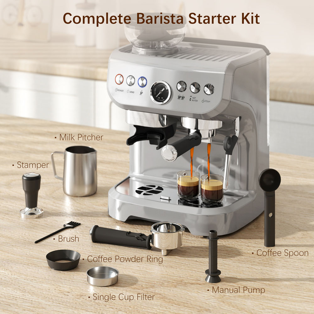 HOMCOM 800-197V70SR Silver 15 Bar Pressure Espresso Machine with Bean Grinder and Steam Wand Image 3