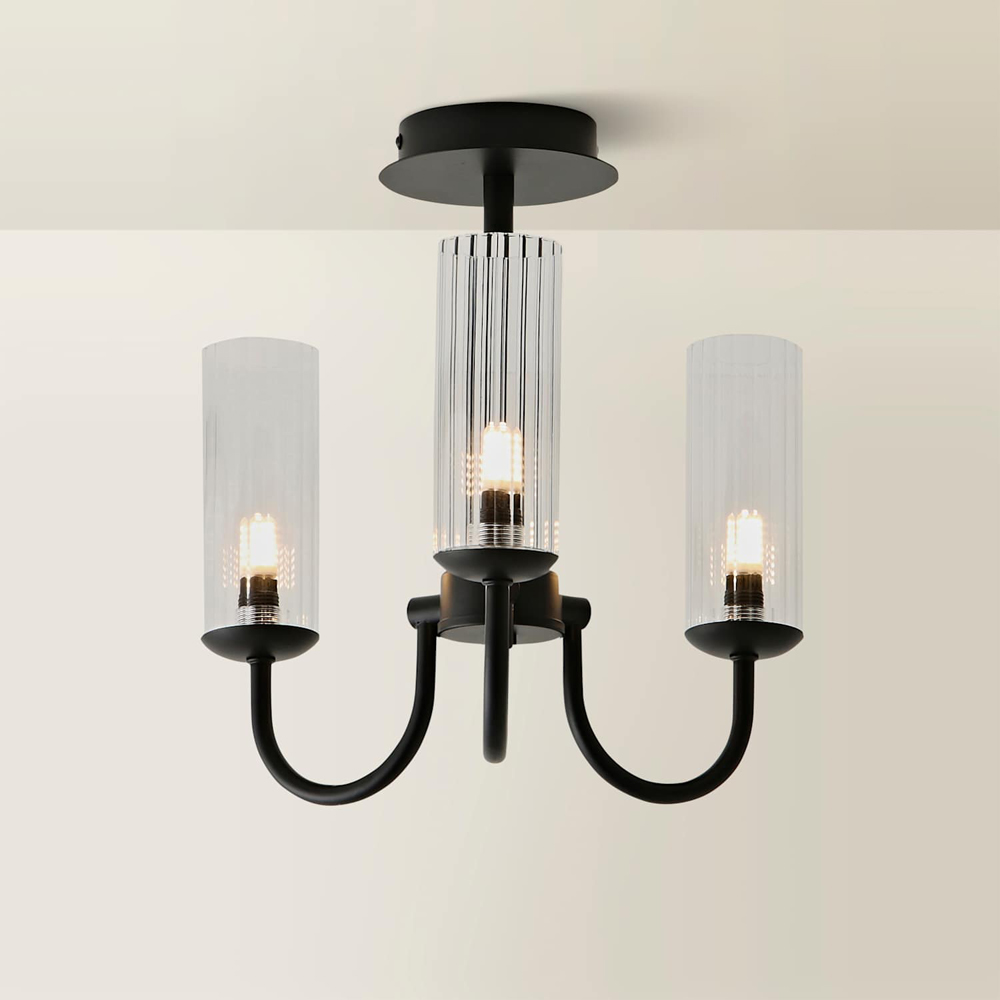 ValueLights Canya Clear Ribbed Shades 3 Way Matte Black Ceiling Light Chandelier with Bulbs Image 5