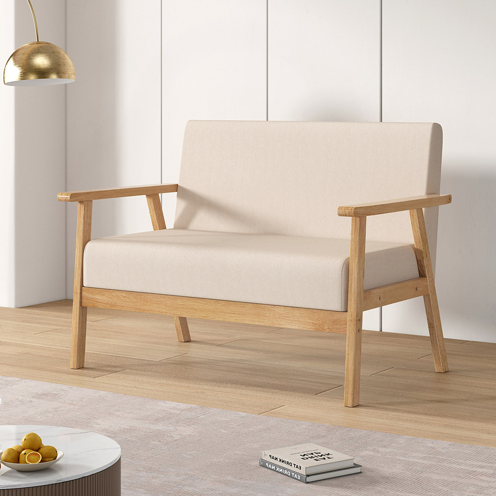 Beige 2 Seater Linen Country Wooden Sofa Image 4