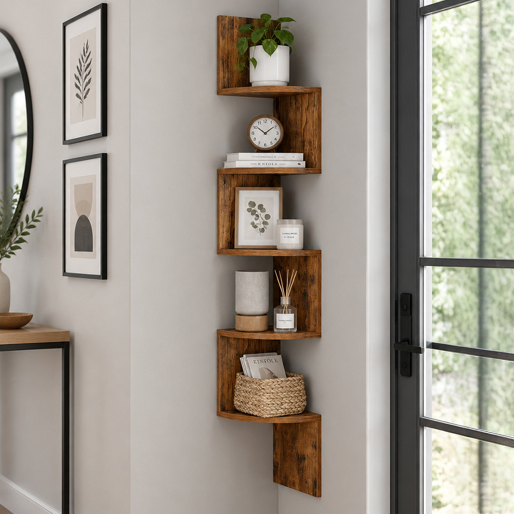 Modcraft 5 Shelf Rustic Brown Zigzag Floating Corner Wall Shelf Image 1