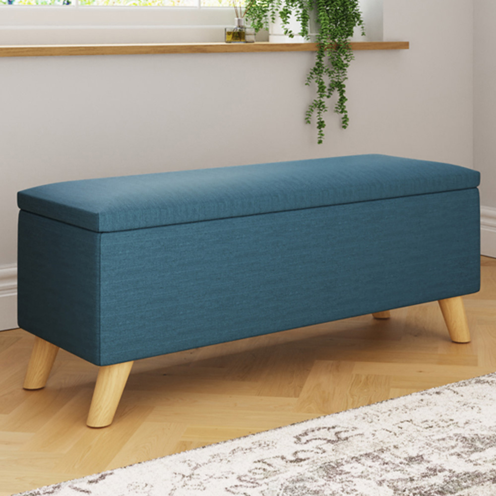 GFW Secreto Teal Blue Hopsack Fabric Ottoman Storage Bench Image 1