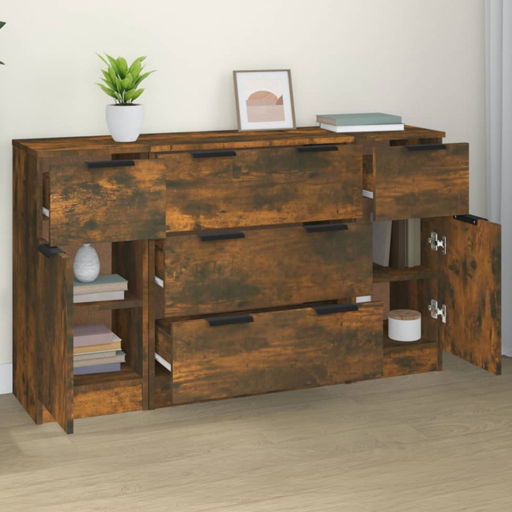 vidaXL 2 Door 5 Drawer Smoked Oak Sideboard 3 Piece Image 1