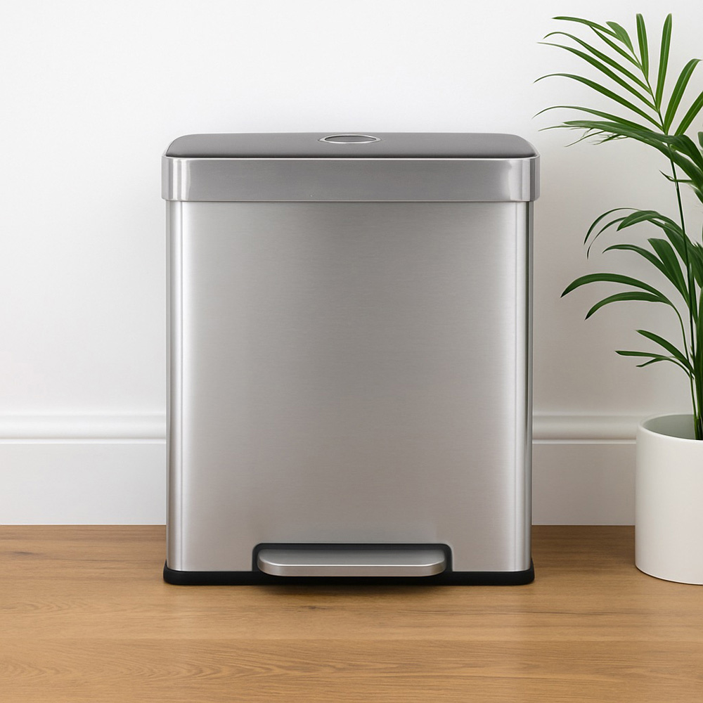 Harbour Housewares Brushed Stainless Steel Double Kitchen Pedal Bin 60L Image 2