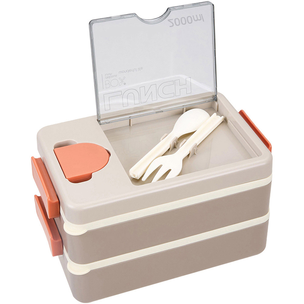 Living and Home 2L 2-Tier Khaki Lunch Box with Cutlery and Sauce Container Image 3