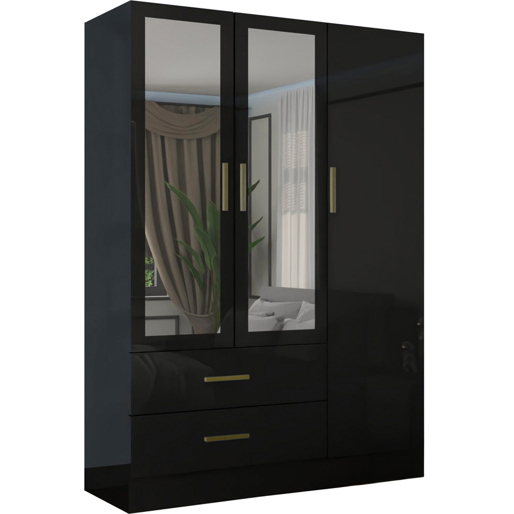 Sliding Wardrobes 4U XD2 3 Door 2 Drawer Black High Gloss Gold Handle Mirror Wardrobe Image 2