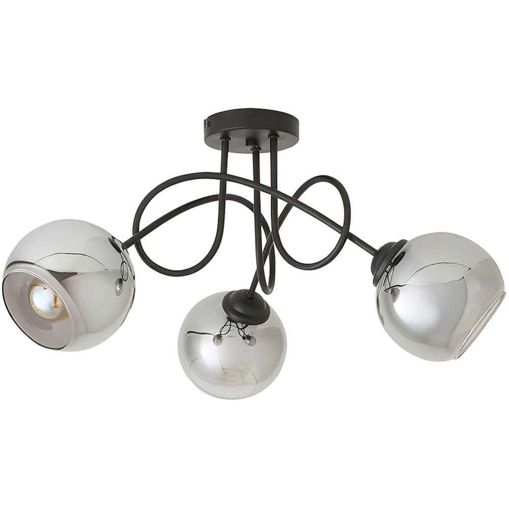 ValueLights Malcom 3 Arm Smoked Glass Shade Matt Black Twisted Ceiling Light with Bulb Image 1