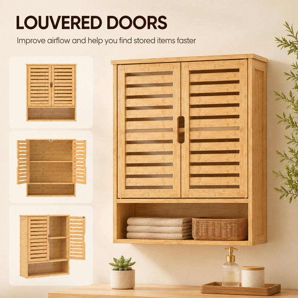 HOMCOM 2 Louvered Door Single Shelf Oak Wall-Mounted Bathroom Cabinet Image 8