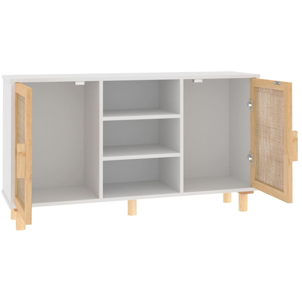 vidaXL 2 Door 3 Shelf White Solid Pine Wood and Natural Rattan Sideboard Image 5