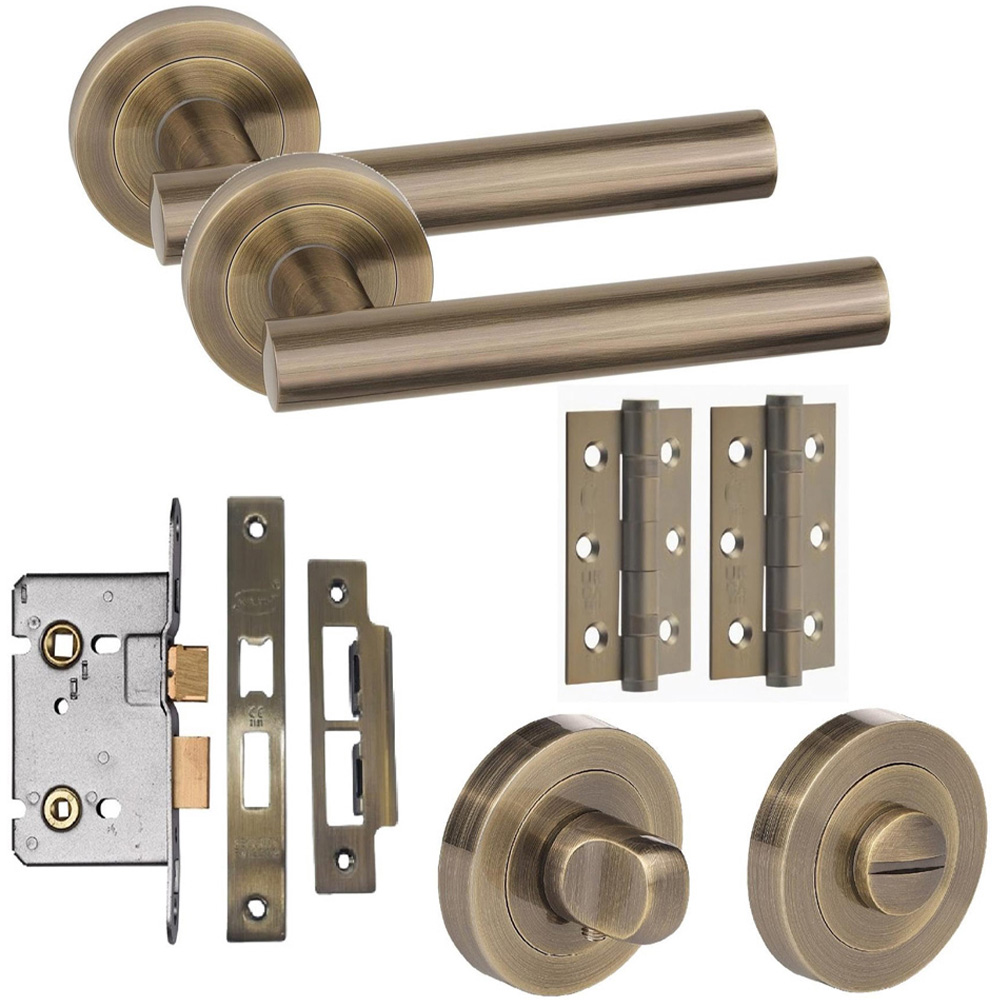 Golden Grace Antique Brass Straight T-Bar Bathroom Door Handles Set Image 1