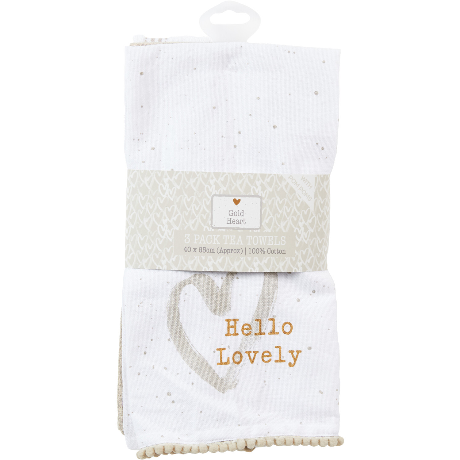 Pack of 3 Gold Heart Tea Towels - White Image 1