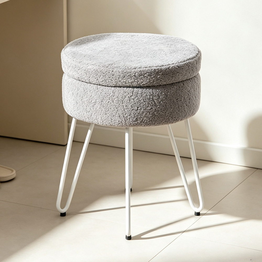 Living and Home Grey and White Teddy Fleece Hidden Storage Stool Image 1