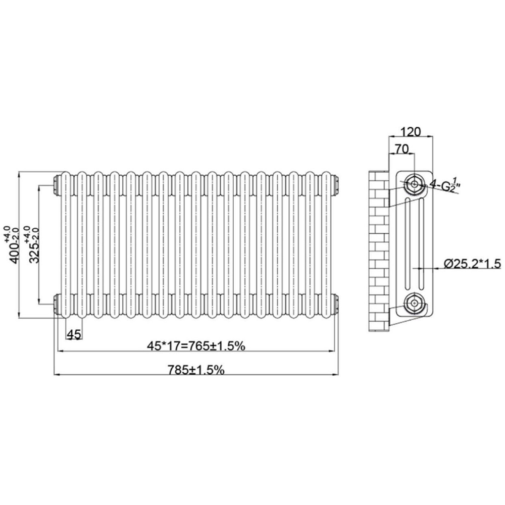 Go Bathrooms Clarence Raw Metal 3 Column Radiator 400 x 785mm Image 3