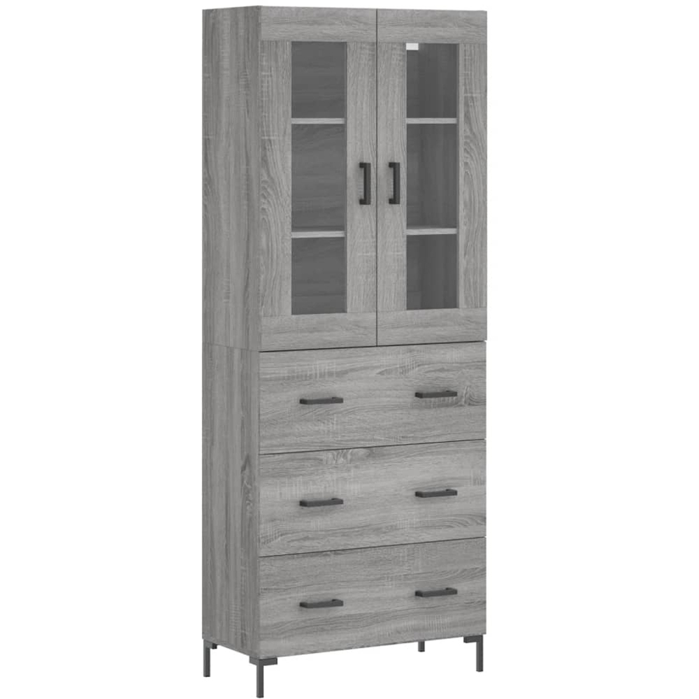 vidaXL 2 Glass Door 3 Drawer Grey Sonoma Highboard with Black Handle Image 2