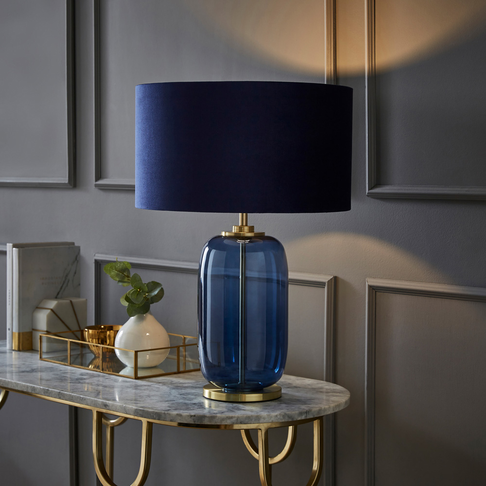 ValueLights Leigh Reni Navy Blue Velvet Shade Navy Blue Glass LED Table Lamp Image 2