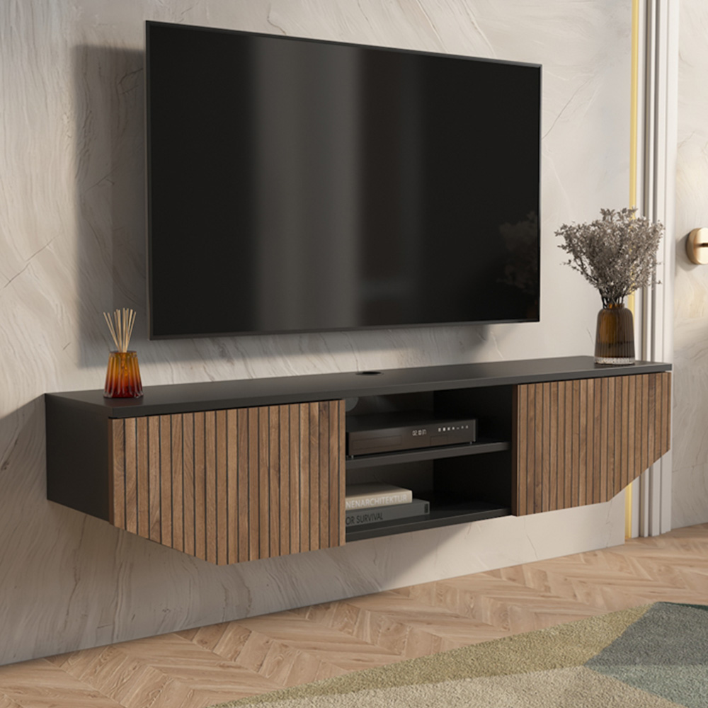 Decorotika Hera 2 Door 2 Shelf Black Alina Wall Mounted TV Unit Image 1