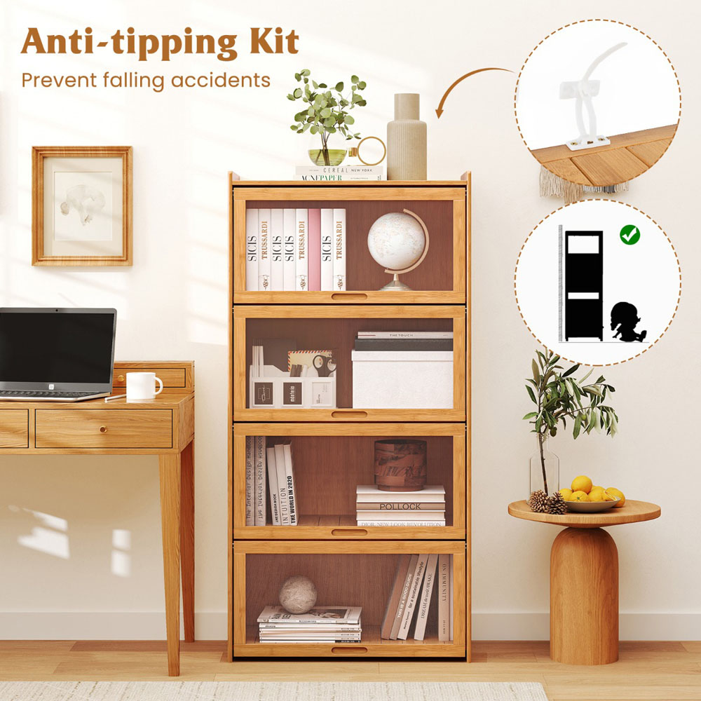 Costway 4 Shelf Natural Bamboo Bookcase with Acrylic Doors Image 8