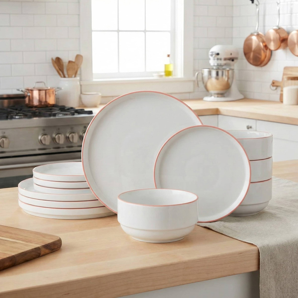 Waterside Orange Rim White Stackable 12 Piece Dinner Set Image 2