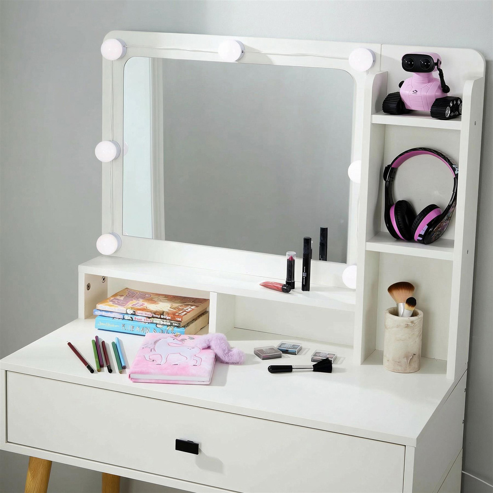 Home Source Forta Single Door 2 Drawer White Vanity Table and Stool Set with Light-Up Mirror Image 3