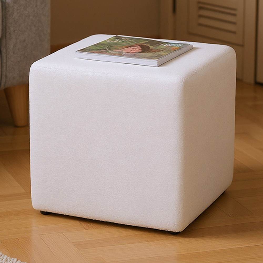 Living and Home White Teddy Fleece Upholstered Cube Footstool Image 1