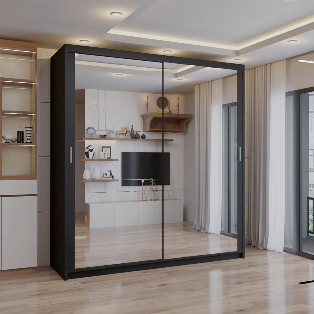 Double Mirror Sliding Door Wardrobe with Adjustable Shelves and Hanging Rails - Black 203cm Image 3