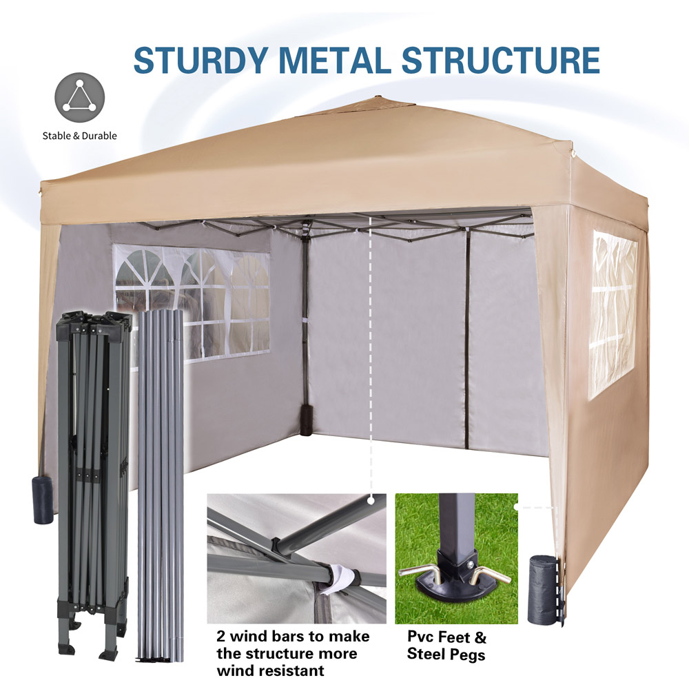 Beige Pop Up Patio Canopy Tent with Removable Sidewalls 3 x 3m Image 7