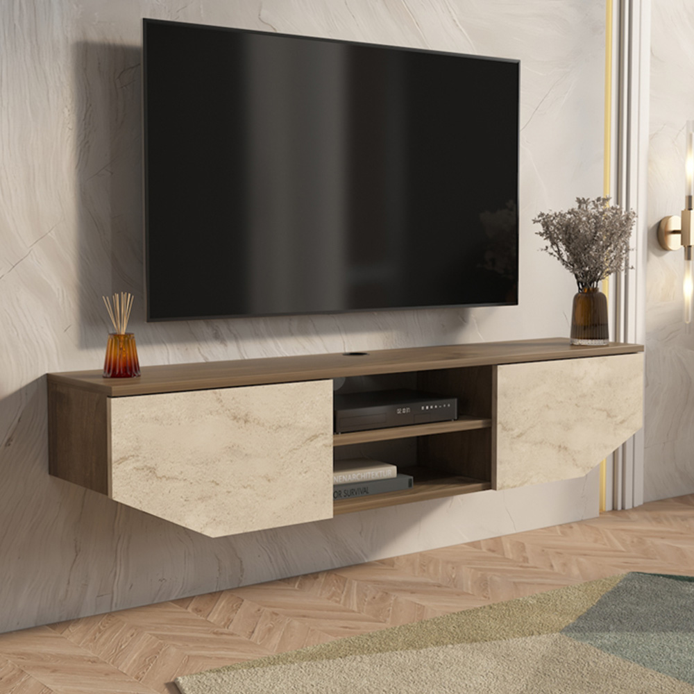 Decorotika Hera 2 Door 2 Shelf Walnut Travertine Wall Mounted TV Unit Image 1