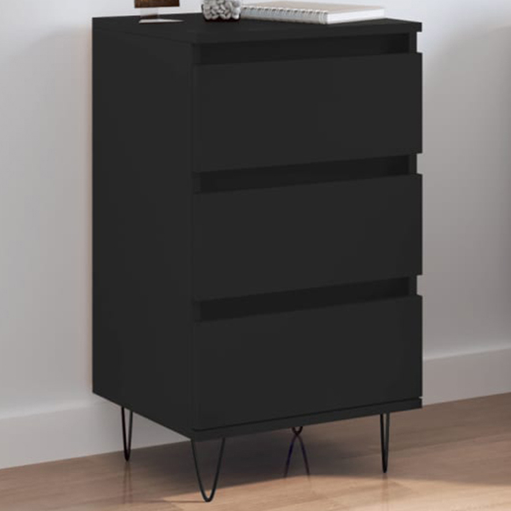 vidaXL 3 Drawer Black Wooden Sideboard with Metal Legs Image 1