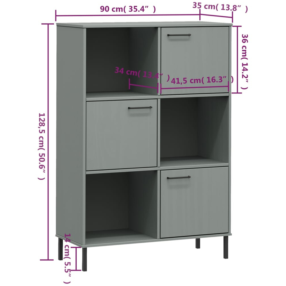 vidaXL Oslo 3 Door 3 Shelf Grey Solid Pine Wood and Metal Bookcase Image 9
