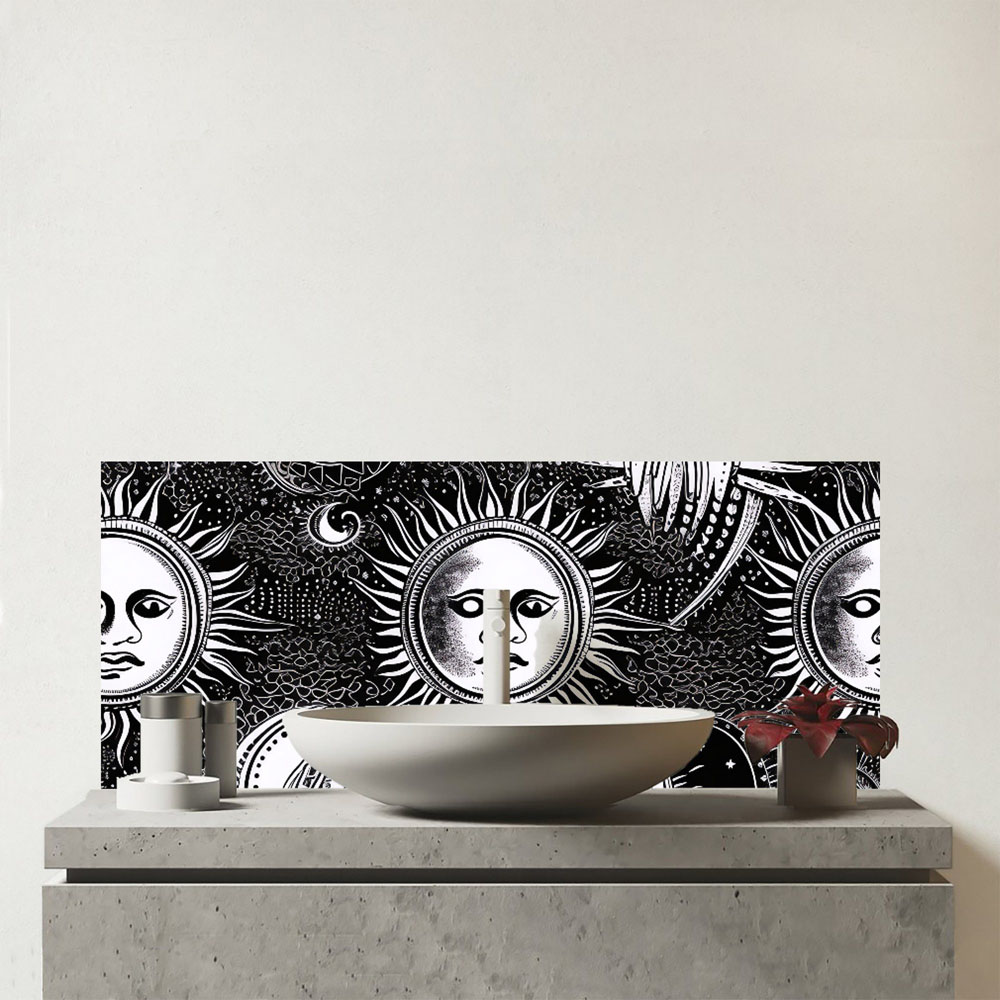 Warren Reed Designer Moon and Sun Black White Glass Bathroom Splashback 25 x 60cm Image 1