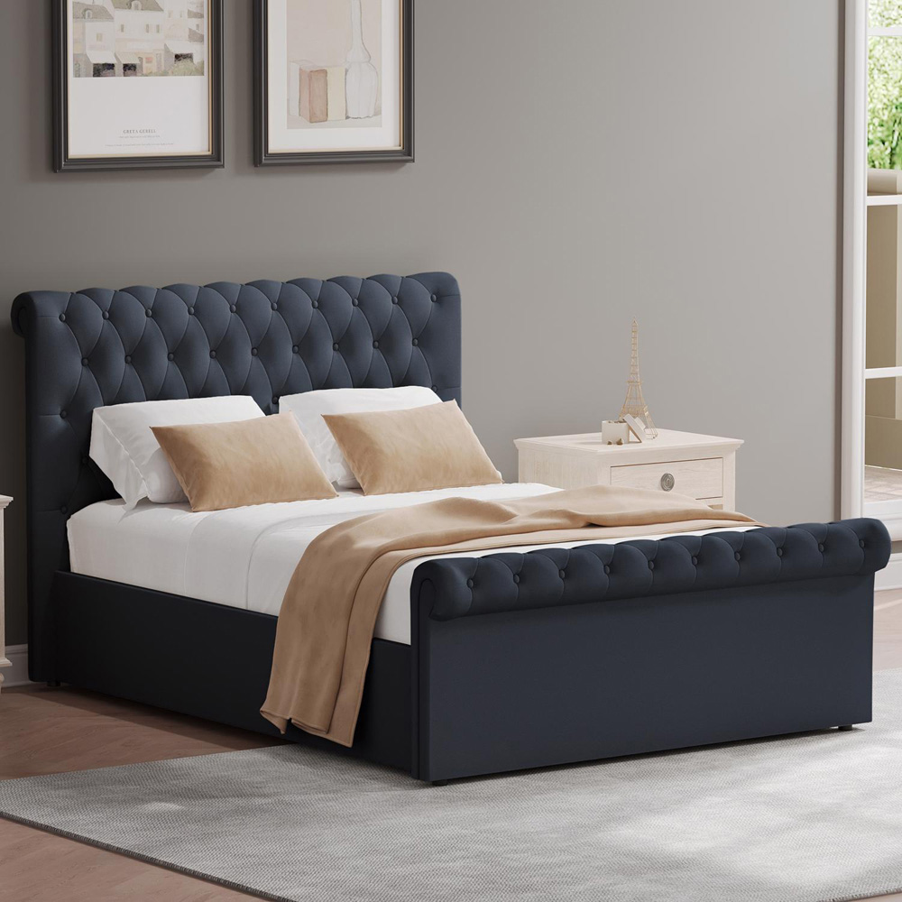 FWStyle Abbey Double Black Charcoal Side Lift Ottoman Bed Frame with Scroll Buttoned Headboard Image 1