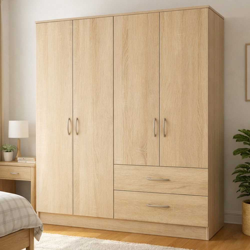 TJ'S Venice 4 Door 2 Drawer Oak Wardrobe Image 1