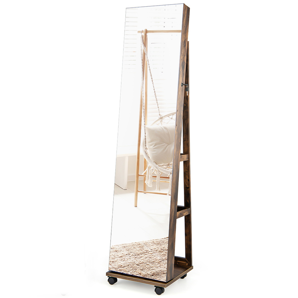 Costway Rustic Brown Lockable Jewellery Cabinet with Built-in LED Lighted Mirror Image 1