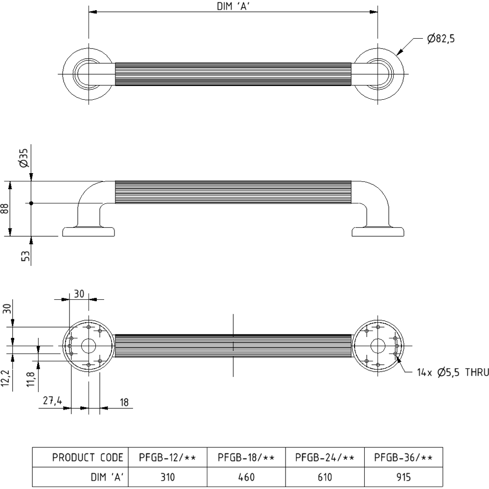 Fitzroy of London RAL 7005 Grey Plastic Fluted Concealed Fixing Grab Rail 36 x 300mm Image 3