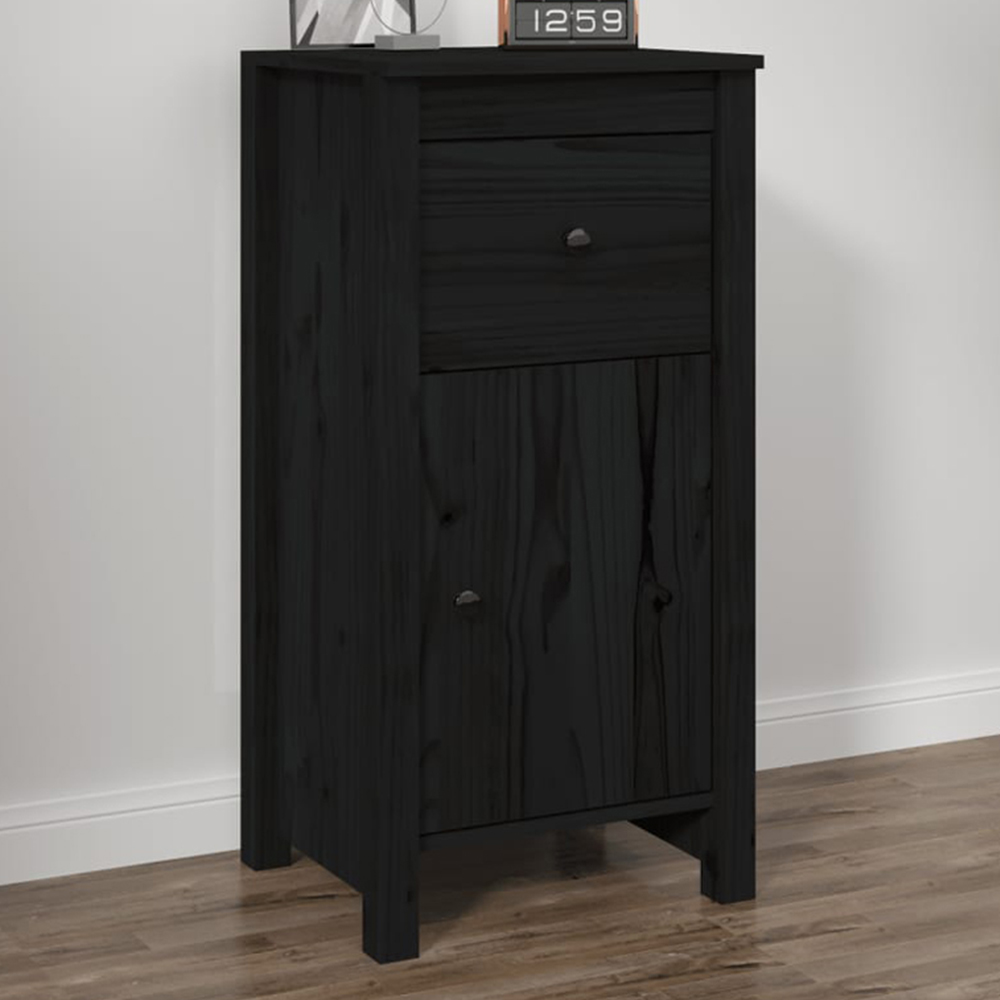 vidaXL Single Door Single Drawer Black Solid Pine Wood Sideboard Image