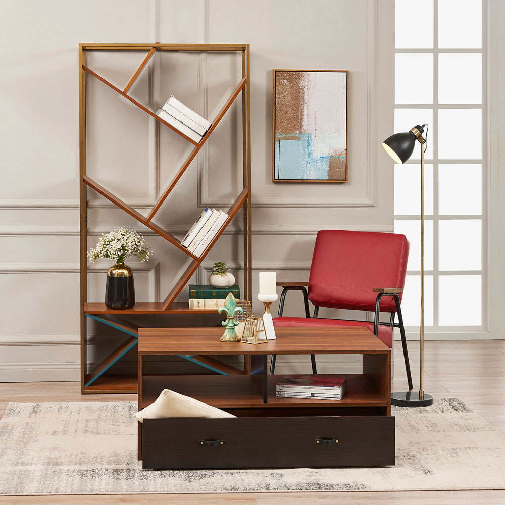 Teamson Home Henry 2 Drawer Single Shelf Walnut Wooden Faux Leather Coffee Table Image 8