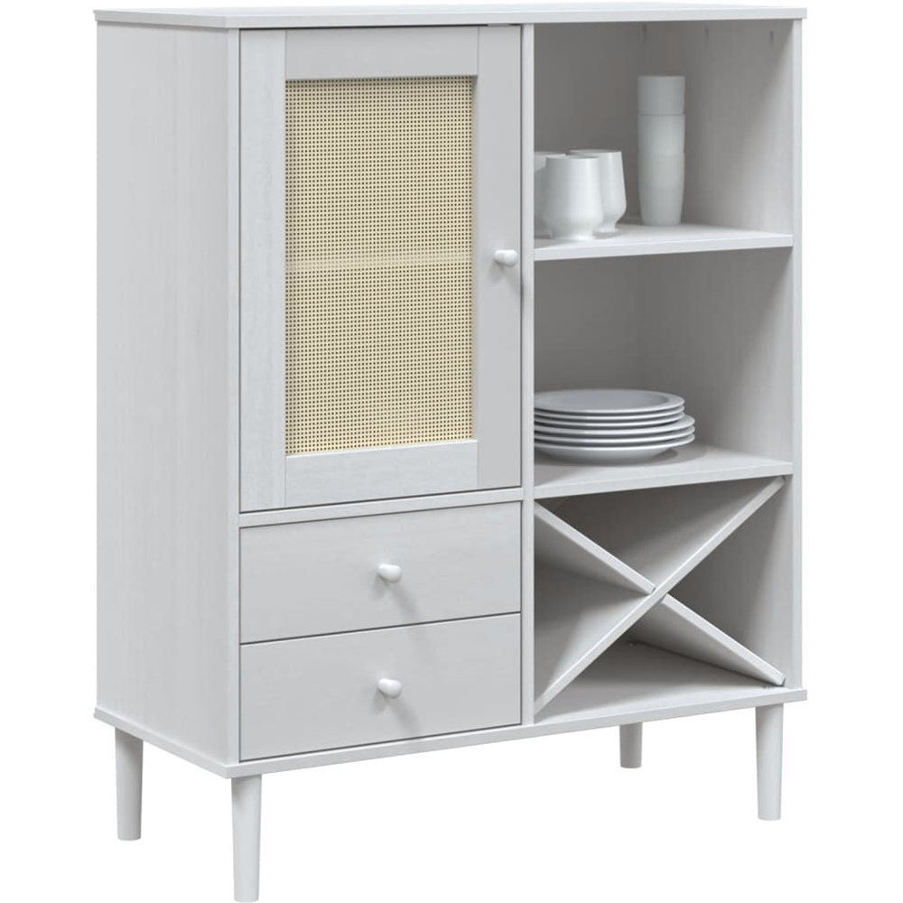 vidaXL Single Rattan Door 2 Drawer 6 Shelf White Pine Wood Highboard Image 3