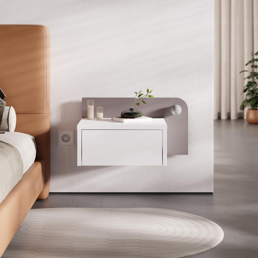 Decortie Dotta Single Drawer White Wall Mounted Bedside Table with Night Light Image 6