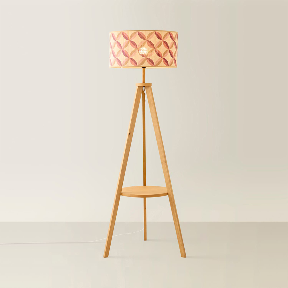 ValueLights Morrigan Mid Wood Tripod Floor Lamp with Geo Print Bamboo Shade and Bulb Image 3