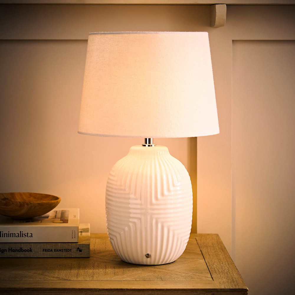 ValueLights Harrison White Geometric Ribbed Rechargeable Medium Table Lamp Image 2