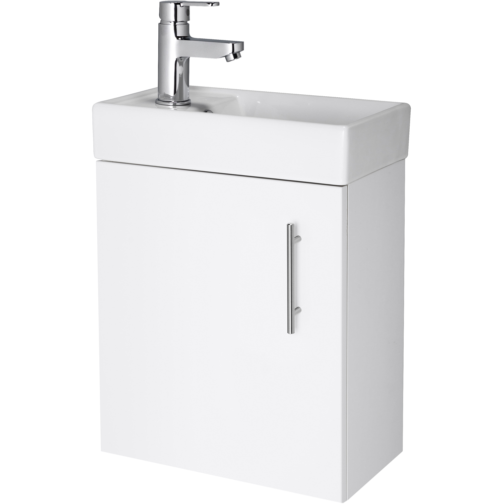 nuie Vault Single Door Gloss White Wall Hung Compact Vanity Unit with Ceramic Basin 400mm Image 1