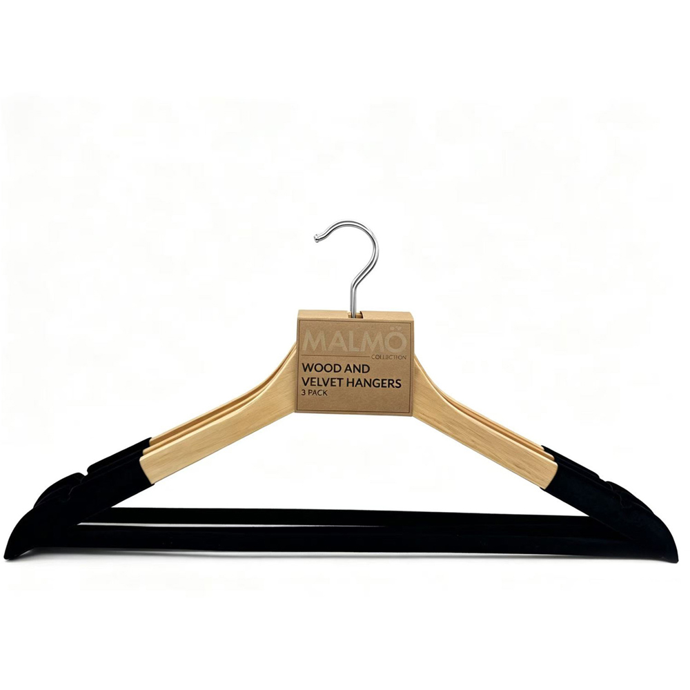 Pack of 3 Malmo Wood and Velvet Hangers Image 3