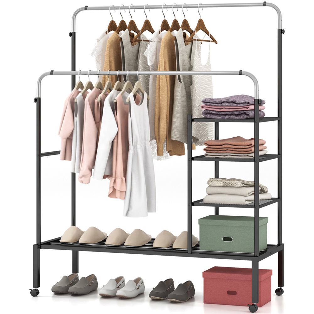 Costway 4 Shelf 2 Hanging Bars Black and Silver Rolling Clothes Rack Image 3