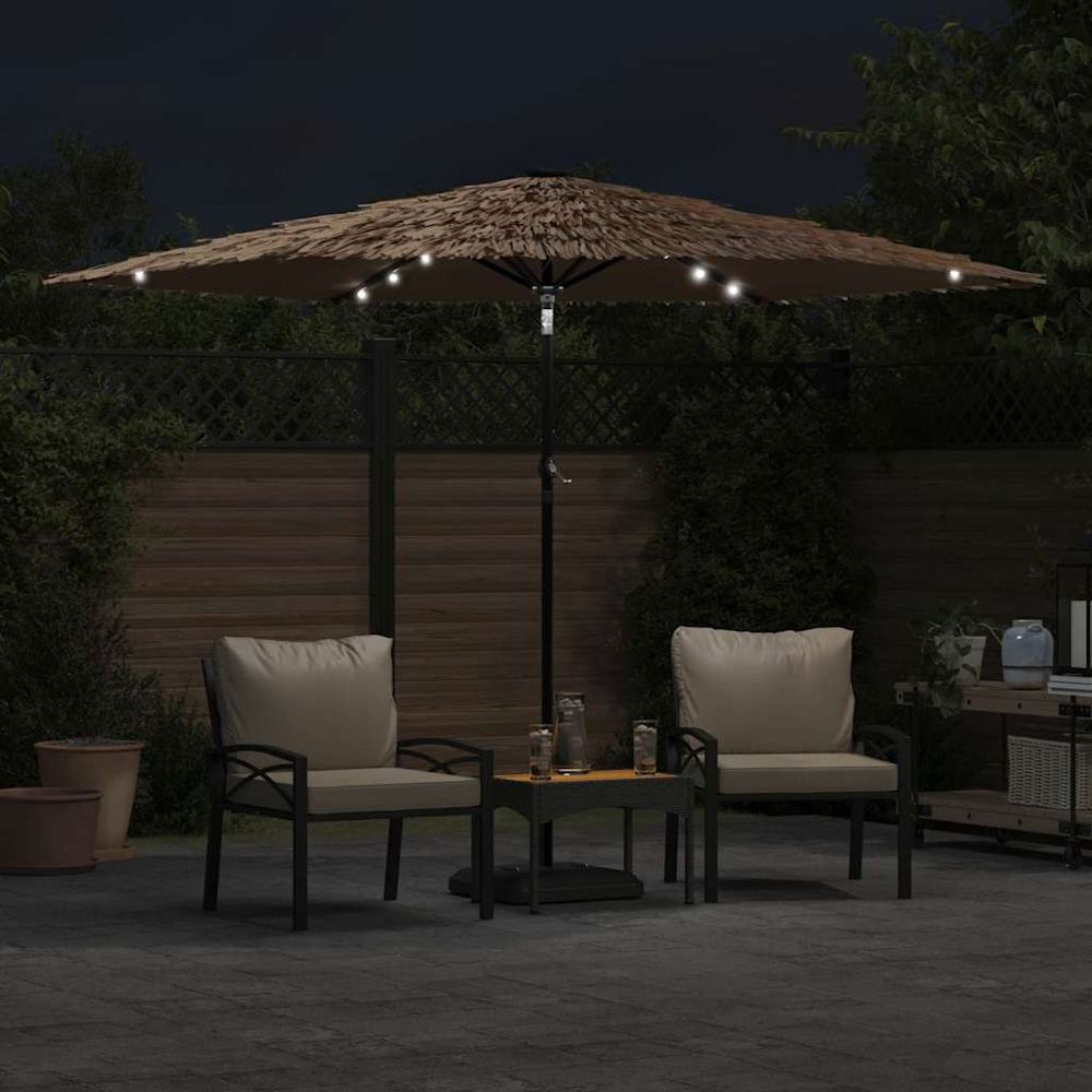 vidaXL Brown LED Light Straw Top Garden Parasol with Steel Pole 2.8m Image 2