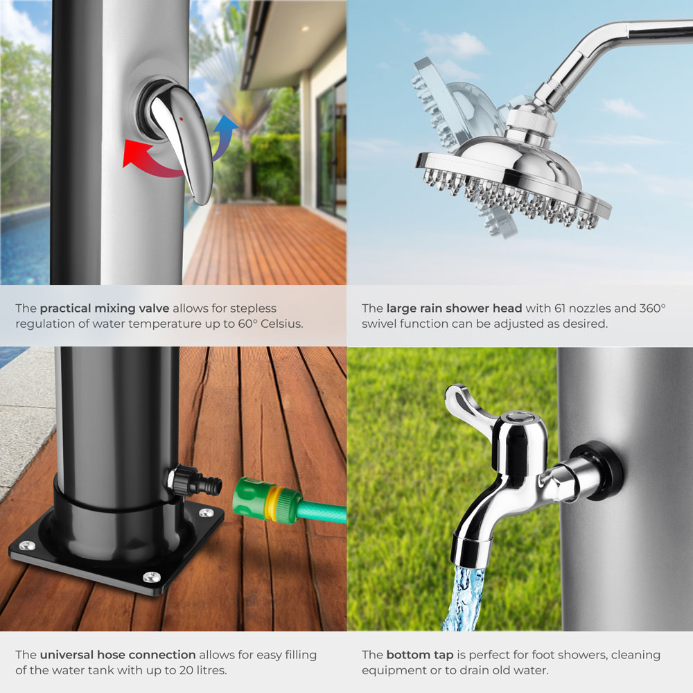 tectake Tinto Black and Silver Portable Solar Outdoor Shower with Tap 20L Image 5