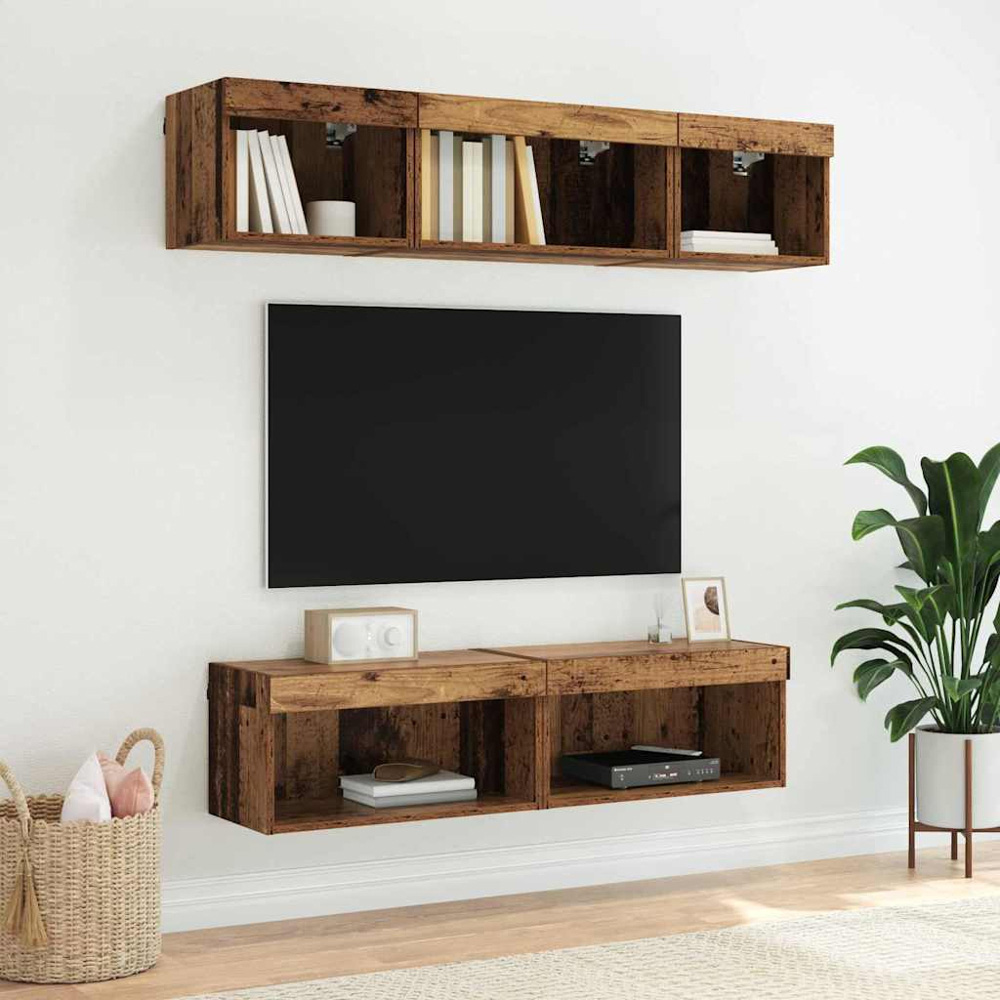 vidaXL Single Shelf Old Wood Wall Mounted Wide TV Cabinet with LED Light 2 Pack Image 6