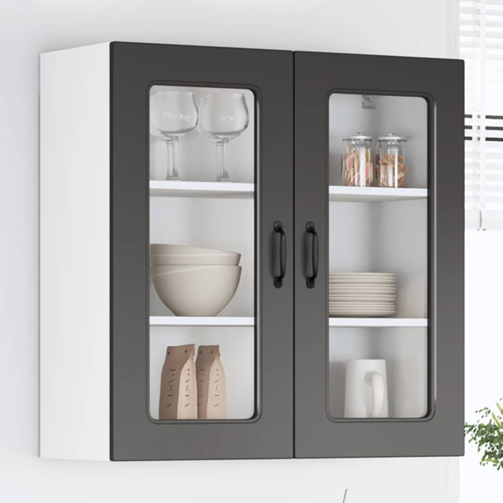vidaXL 2 Glass Door Black Kitchen Wall Cabinet Image 1
